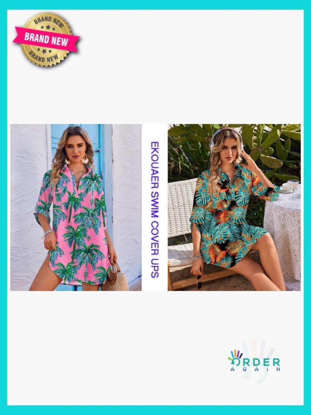 Loose Fit Half Sleeve Beach Cover Up Dress with V-Neck and Side Split - Picture 6 of 7